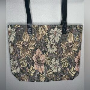 Vintage Floral Tapestry Totr with Black Pleather Straps Shoulder bag